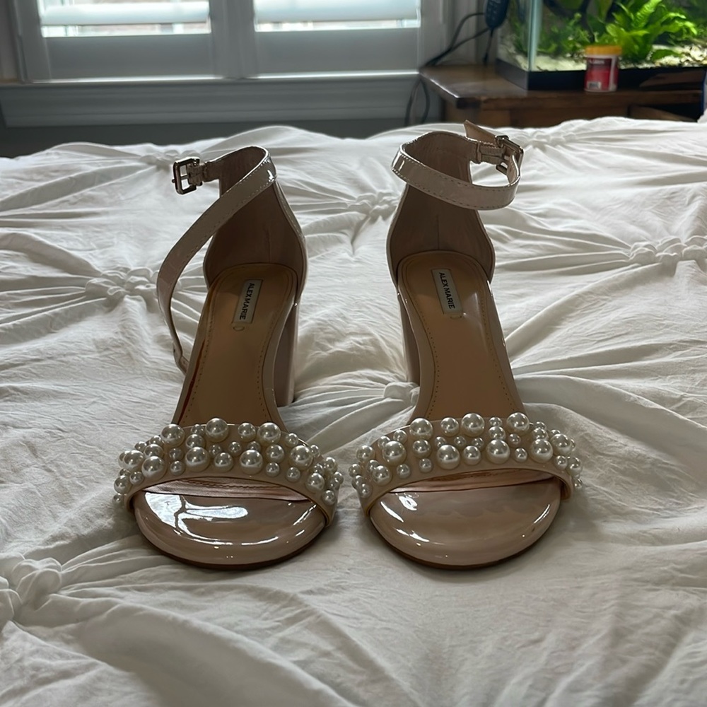 Alex Marie HalmarThree Patent Pearl Strap Block Heel Sandals.